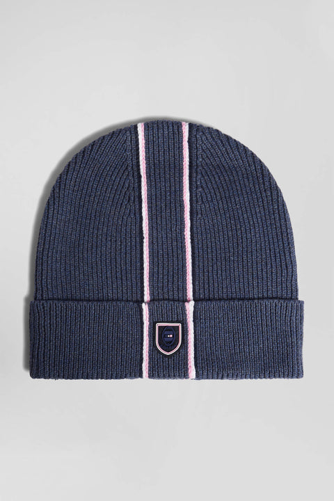 Navy blue cotton beanie with pink and white stripes - Image 1