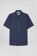 Regular navy blue cotton short-sleeved shirt with micro floral print