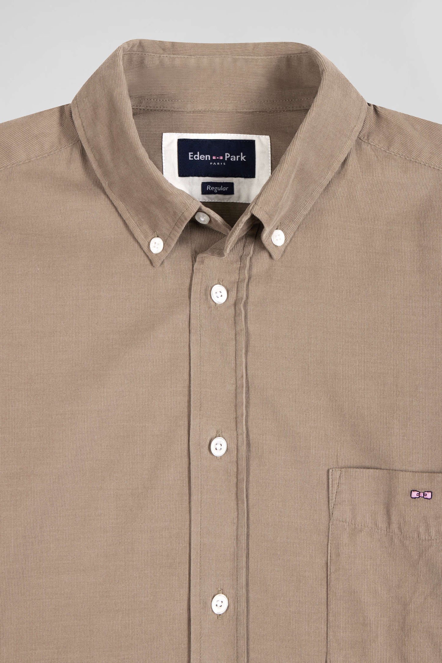 Plain beige corduroy shirt with button-down collar and chest pocket Regular fit