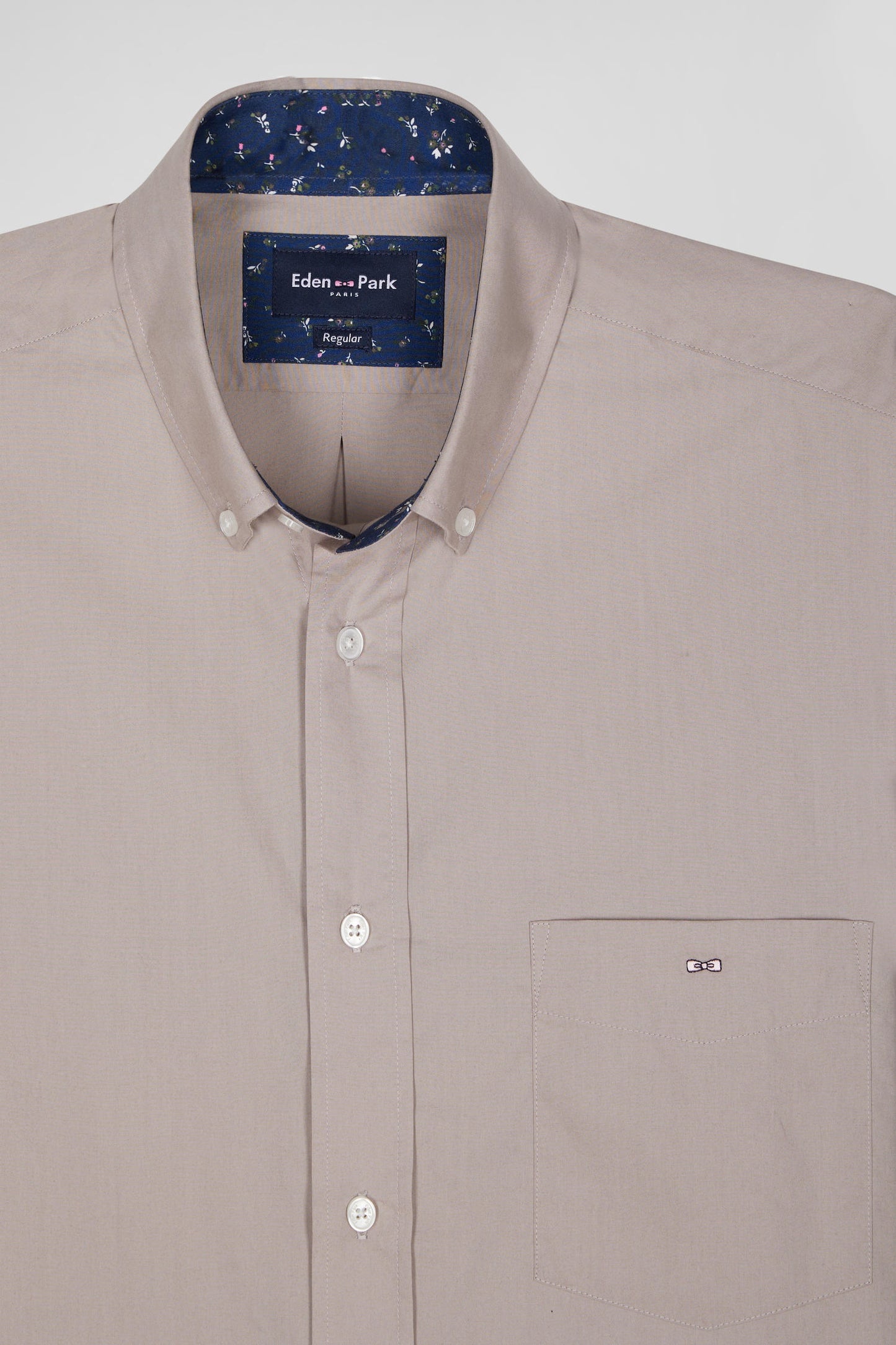 Regular grey cotton poplin shirt with button-down collar and printed elbow patches