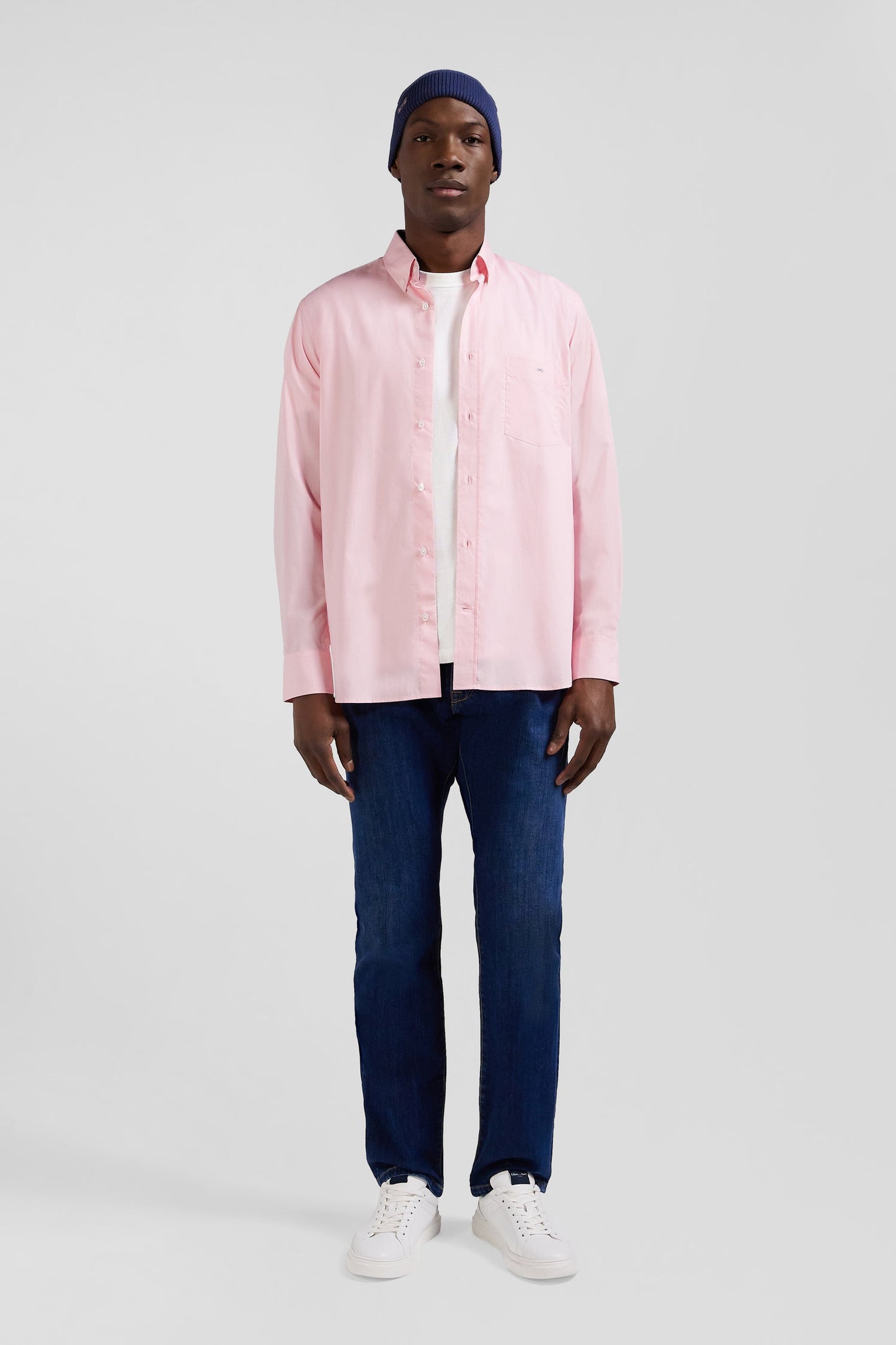 Chemise en popeline de coton rose col boutonné et coudières imprimées coupe Regular - Image 1