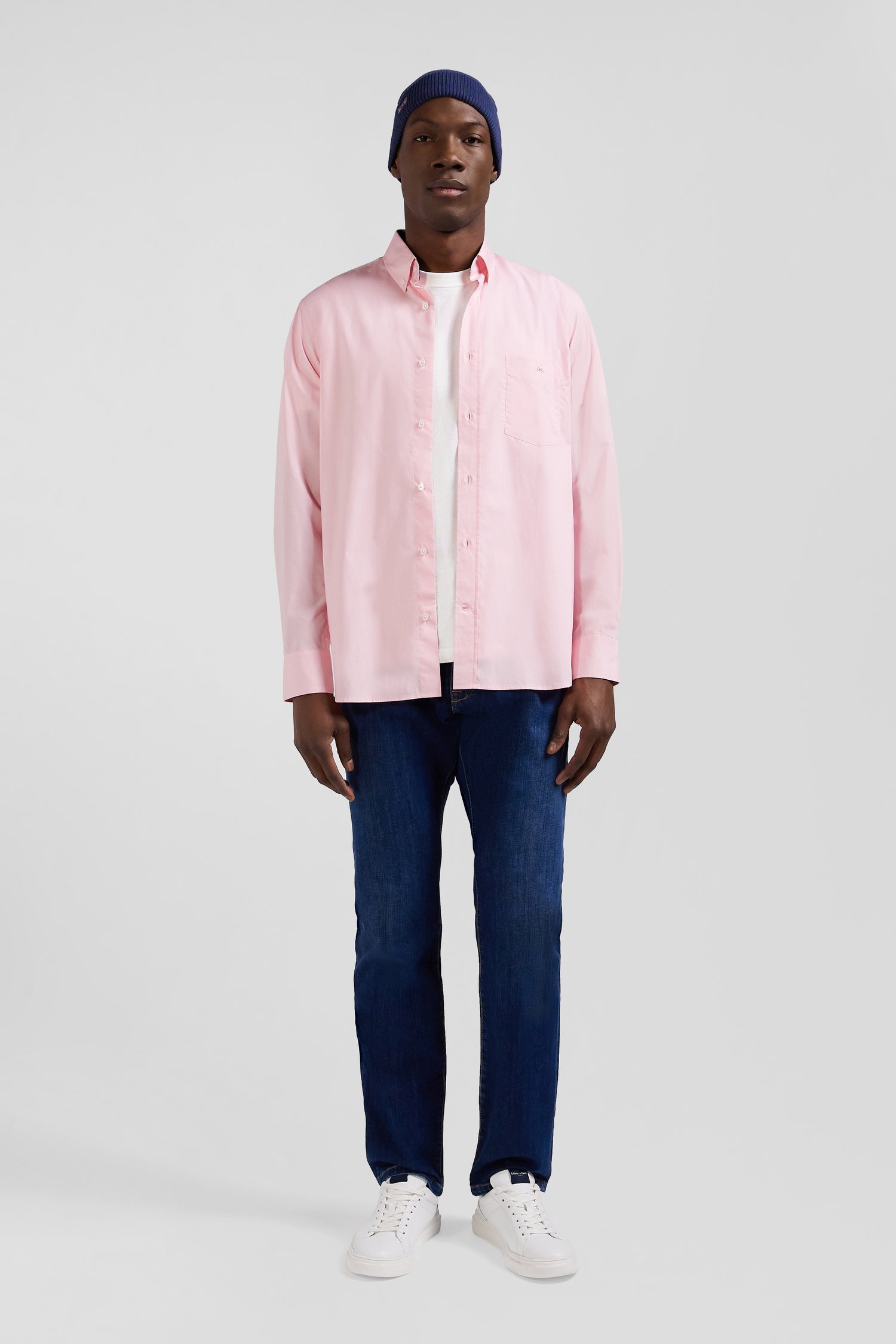 Chemise en popeline de coton rose col boutonné et coudières imprimées coupe Regular