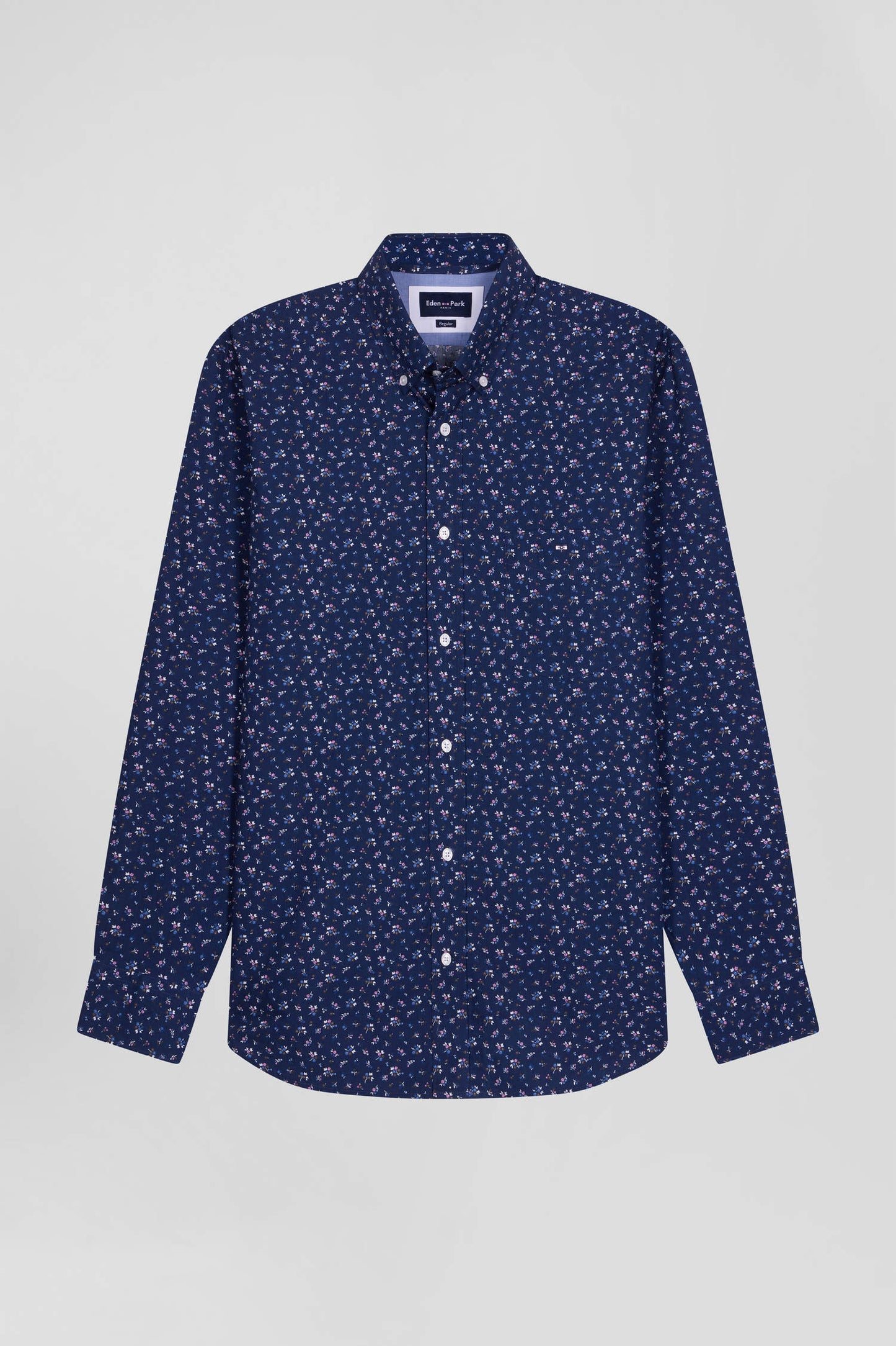 Chemise en popeline de coton bleu marine à microimprimé fleurs coupe Regular - Image 2