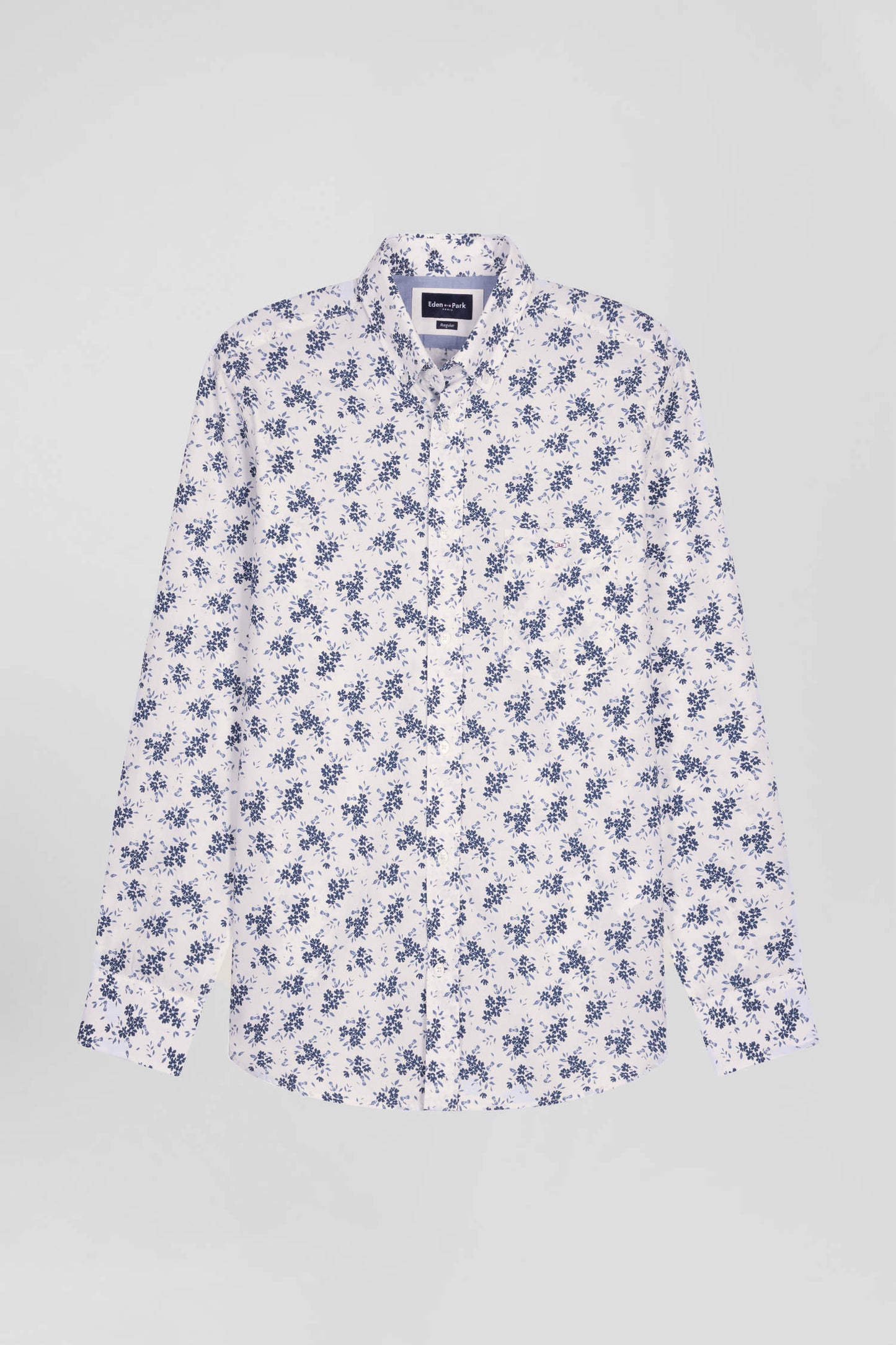 Regular ecru cotton poplin shirt with navy floral print
