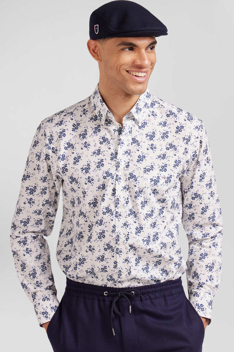 Regular ecru cotton poplin shirt with navy floral print - Image 3