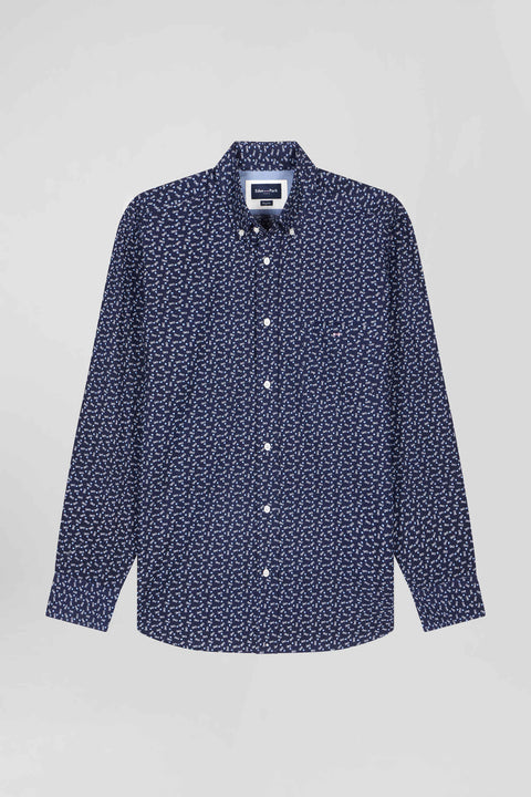 Regular navy blue cotton poplin shirt with micro bow tie print - Image 2