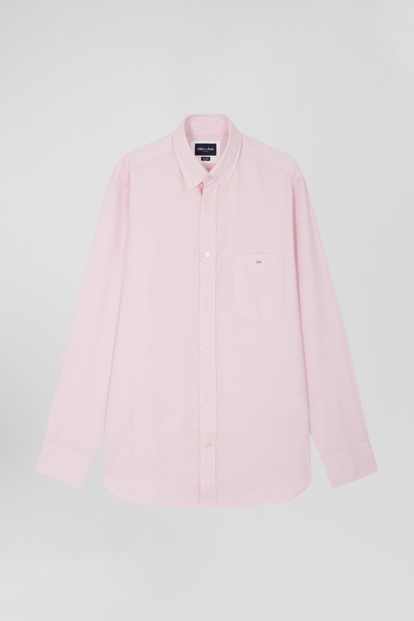 Regular plain pink cotton twill shirt with button-down collar