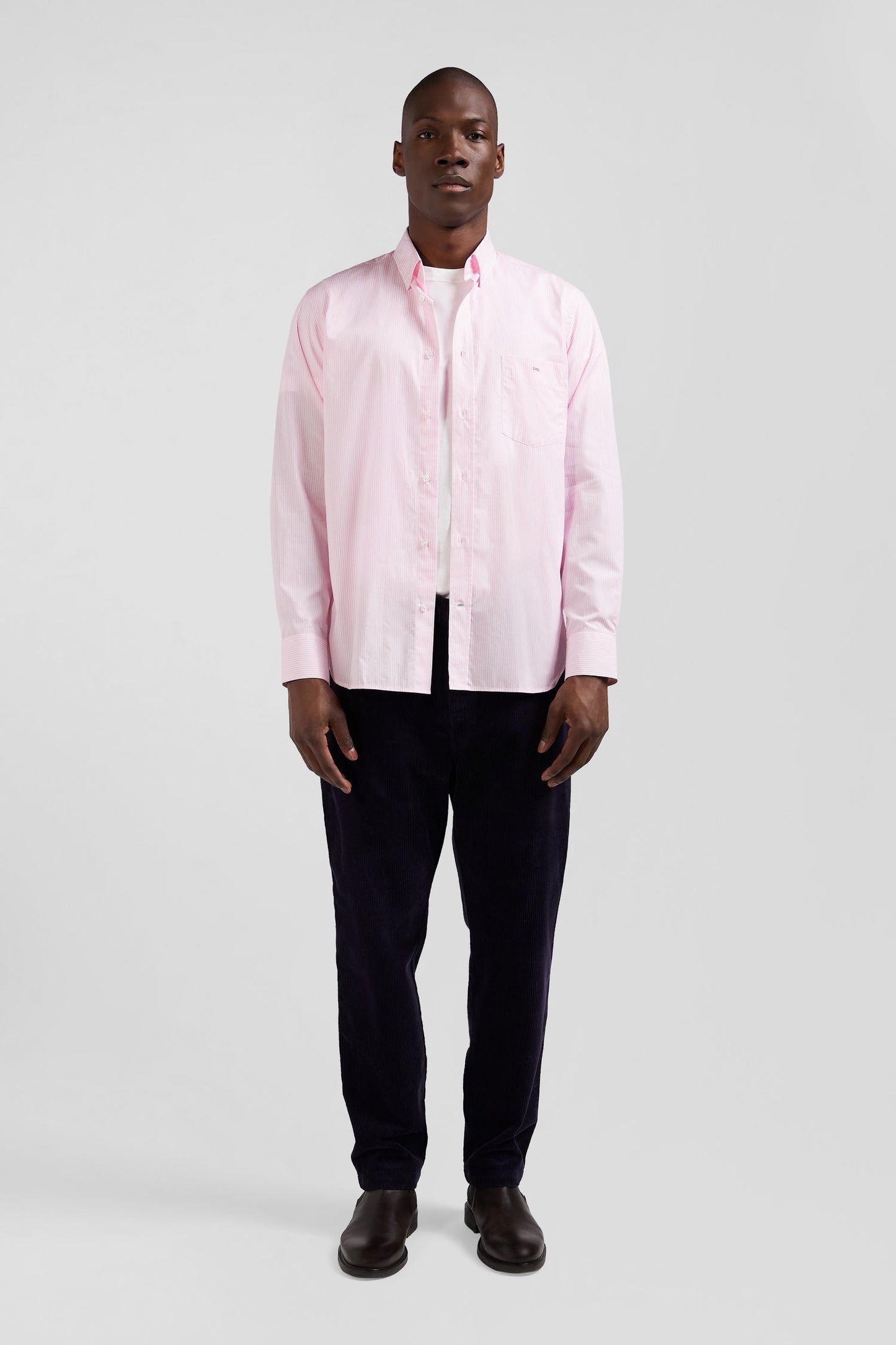 Chemise en coton jacquard rayé rose coupe Regular - Image 1