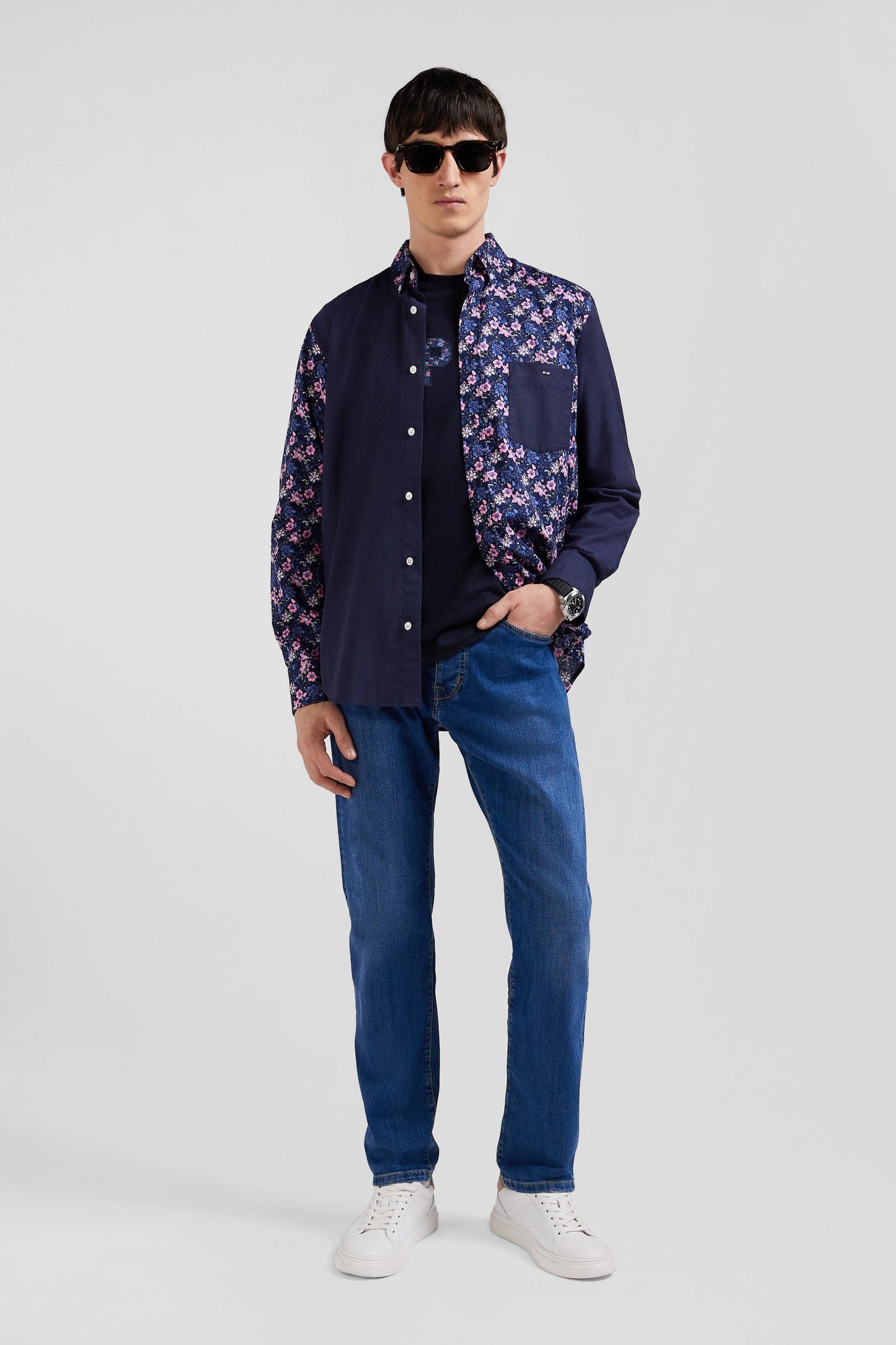 Chemise en twill de coton bleu marine et microimprimé fleurs coupe Regular - Image 1