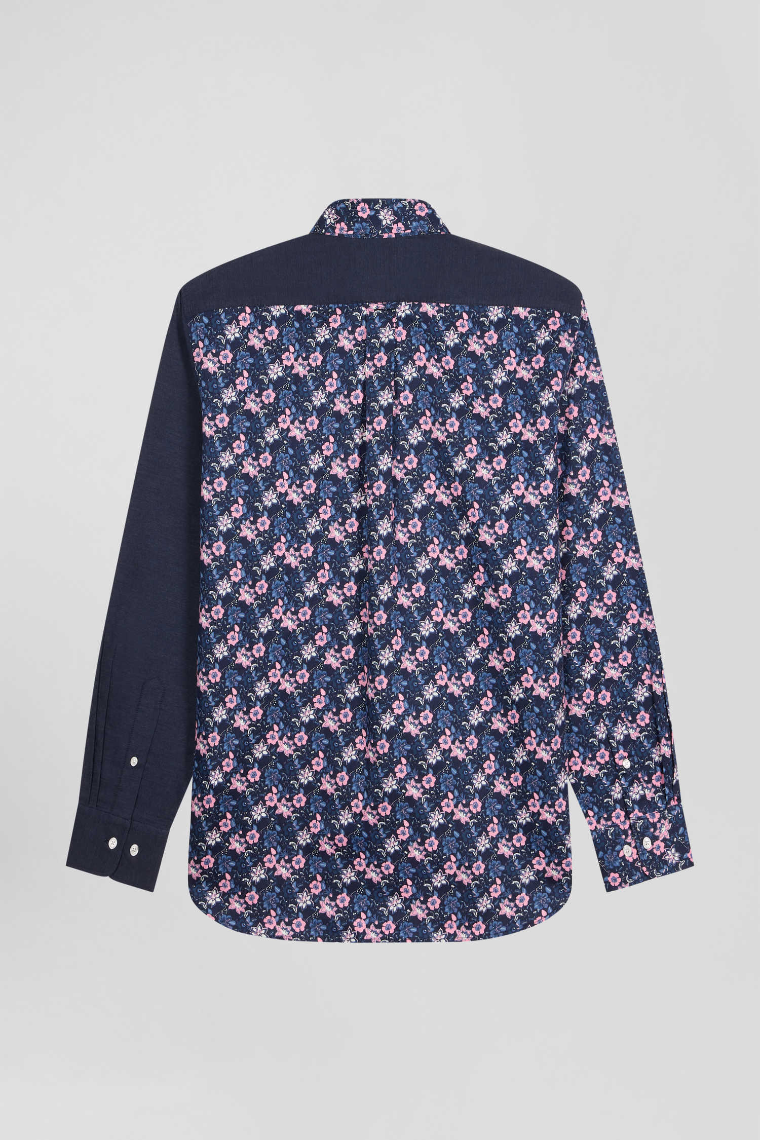 Chemise en twill de coton bleu marine et microimprimé fleurs coupe Regular