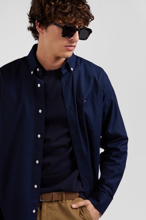 Regular navy blue oxford cotton shirt with back embroidery - Image 3