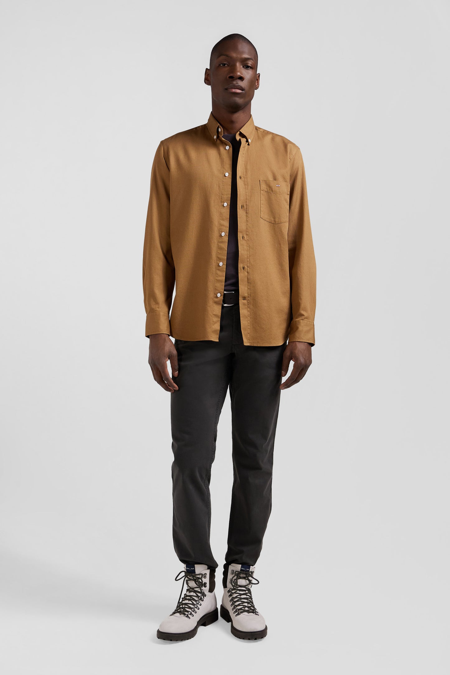 Plain hazelnut cotton piqué shirt Regular fit