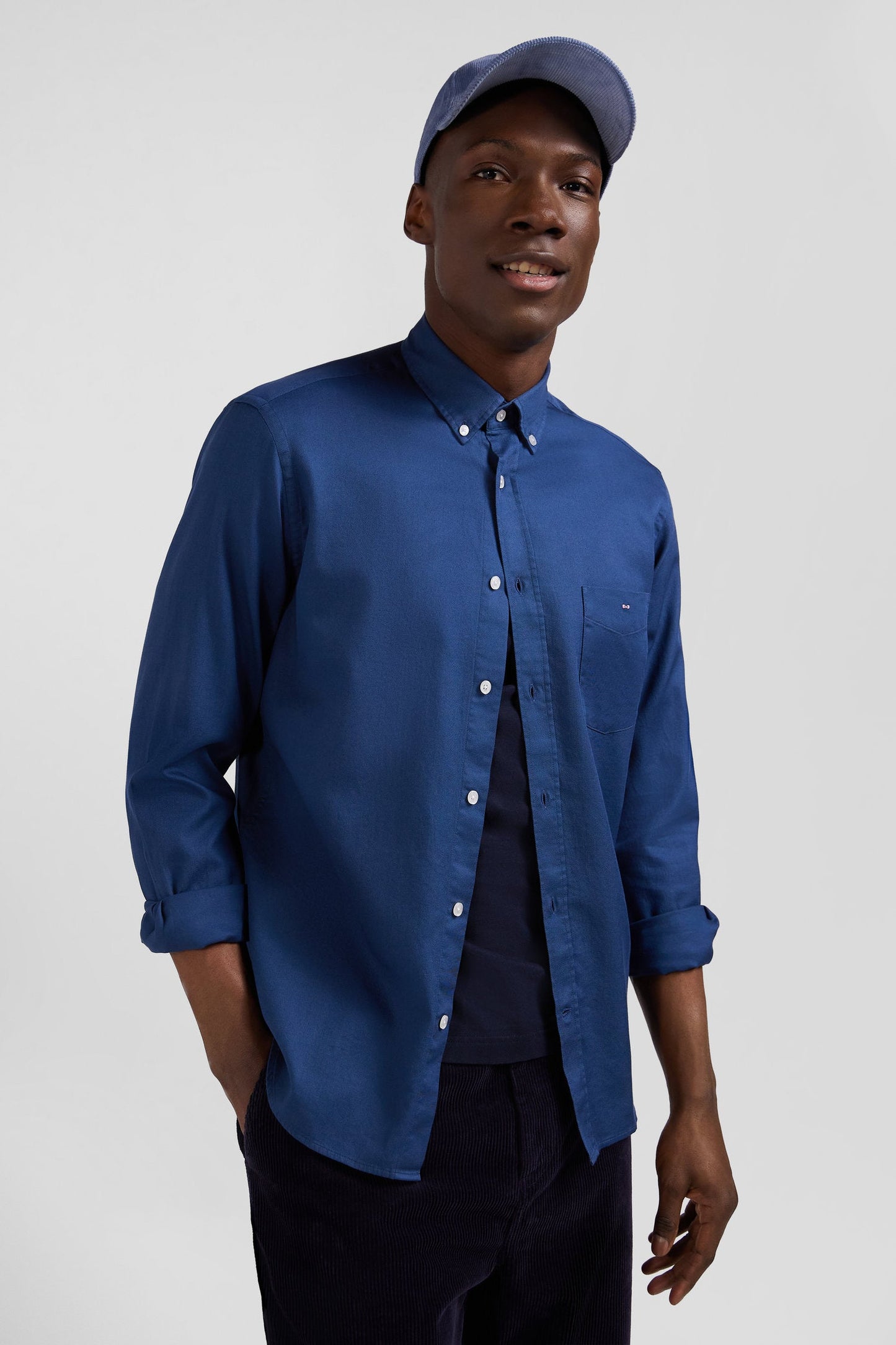 Chemise en piqué coton unie bleue coupe Regular - Image 3