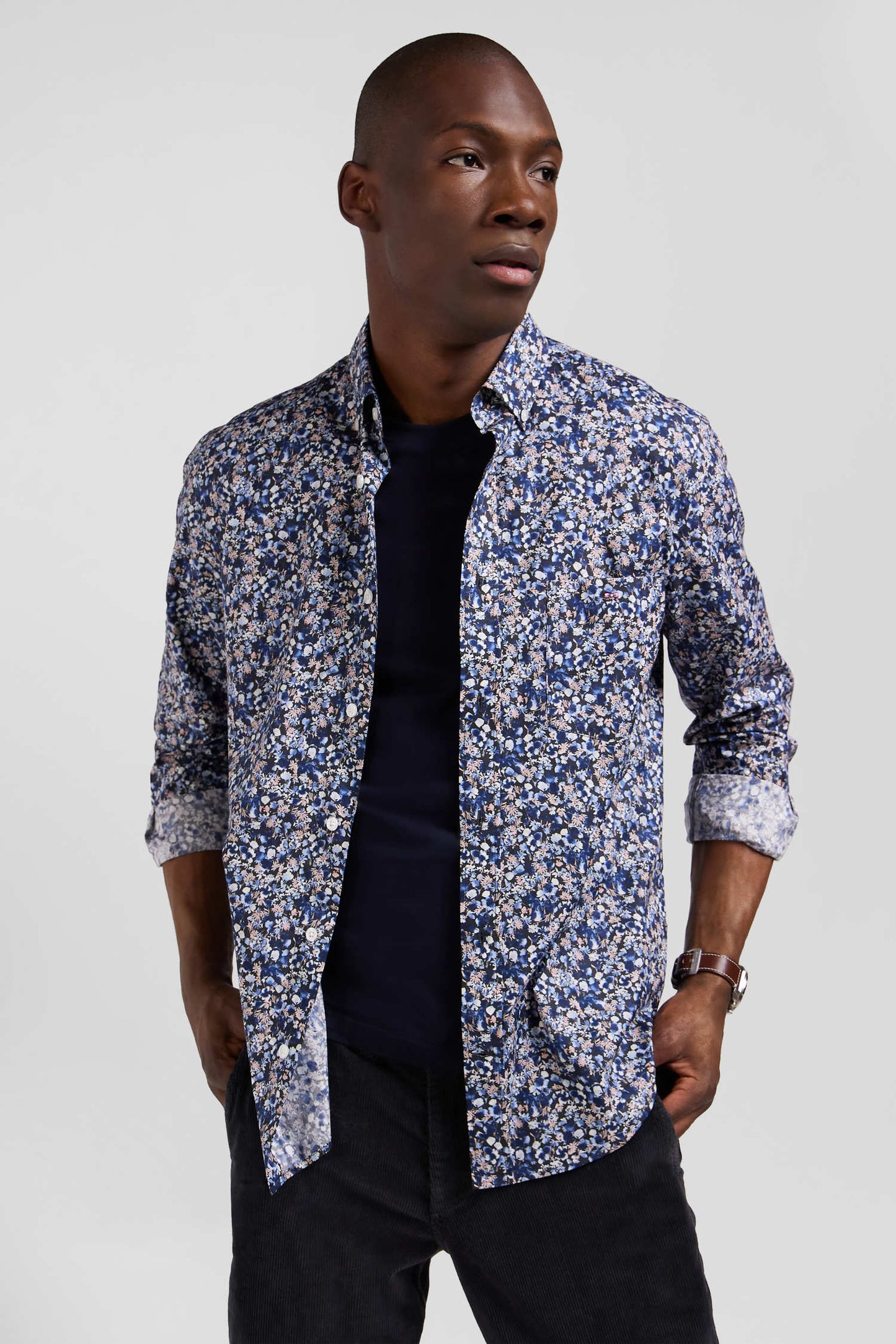 Chemise en popeline de coton Pima bleu marine microimprimé floral coupe Regular - Image 1