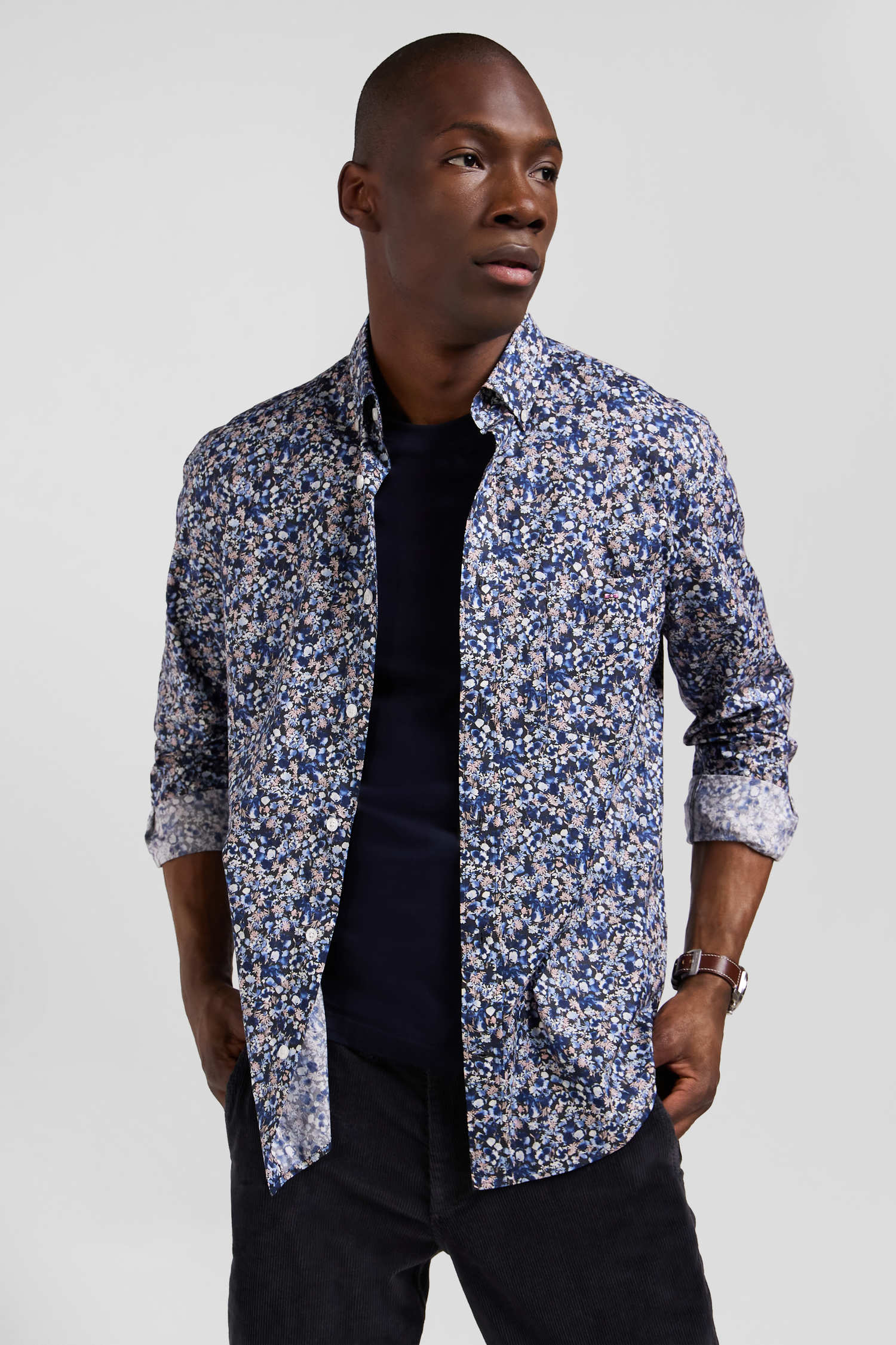 Chemise en popeline de coton Pima bleu marine microimprimé floral coupe Regular