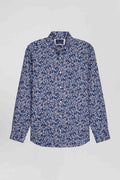 Regular navy blue Pima cotton poplin shirt with micro floral print