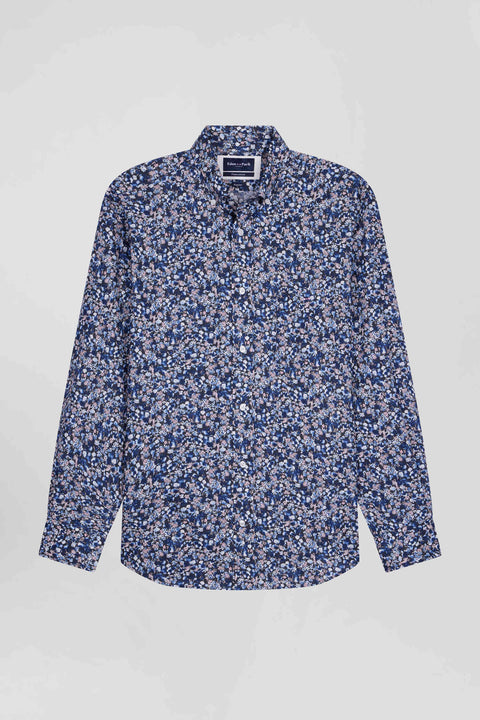 Regular navy blue Pima cotton poplin shirt with micro floral print - Image 2