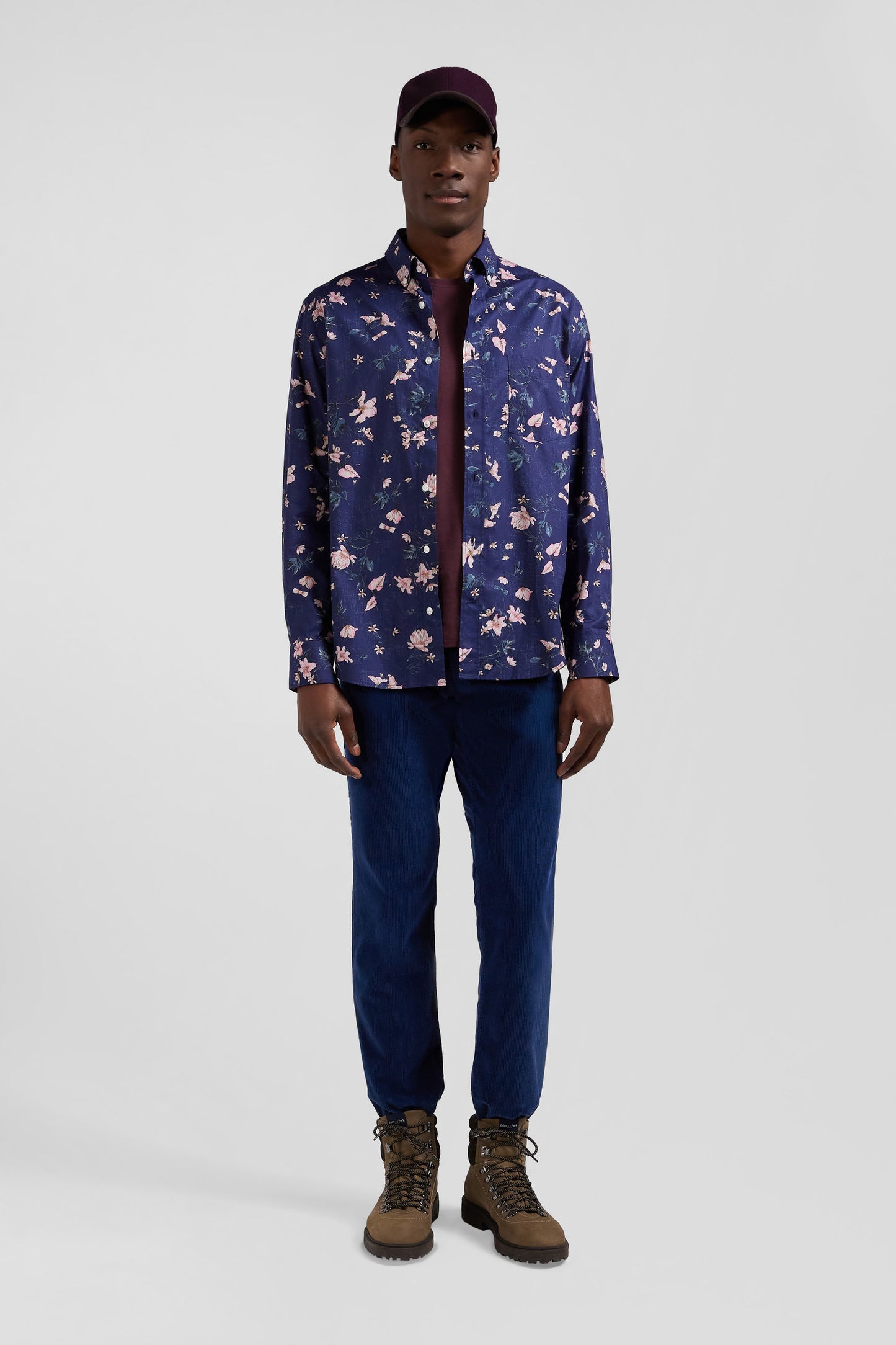 Regular navy Pima cotton poplin shirt with floral print