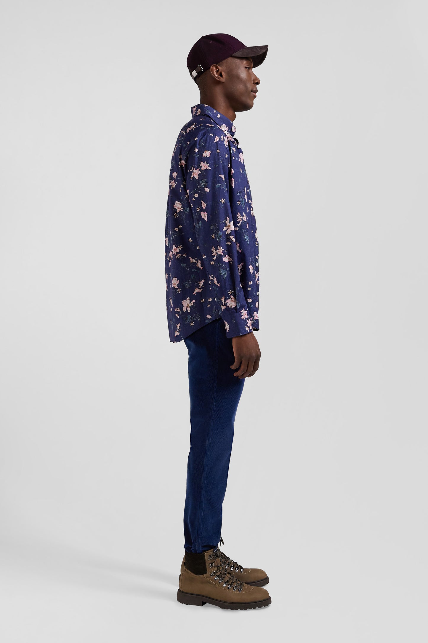 Regular navy Pima cotton poplin shirt with floral print