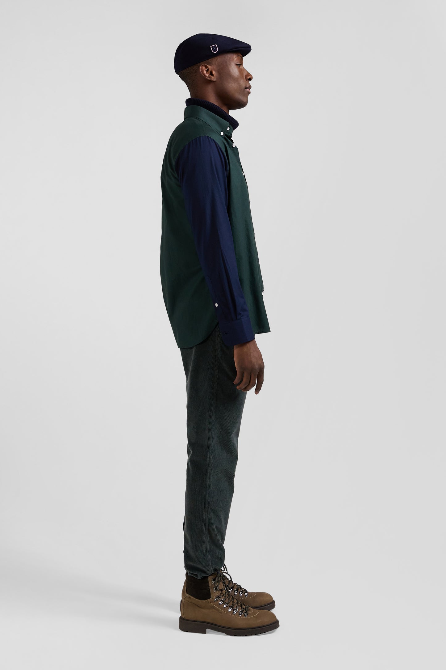 Regular green and navy oxford cotton shirt with back embroidery