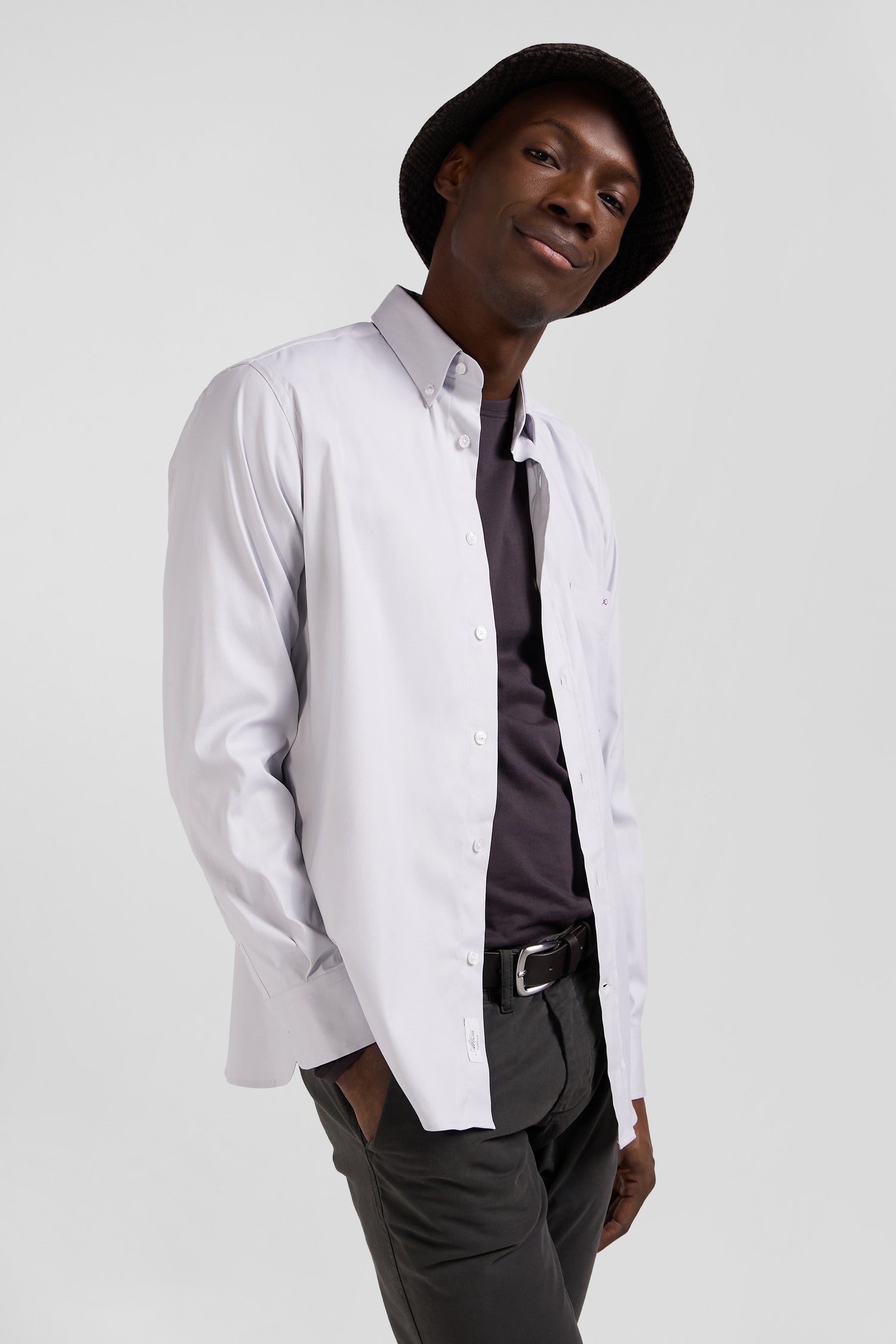 Chemise unie grise en coton stretch mélangé coupe Regular