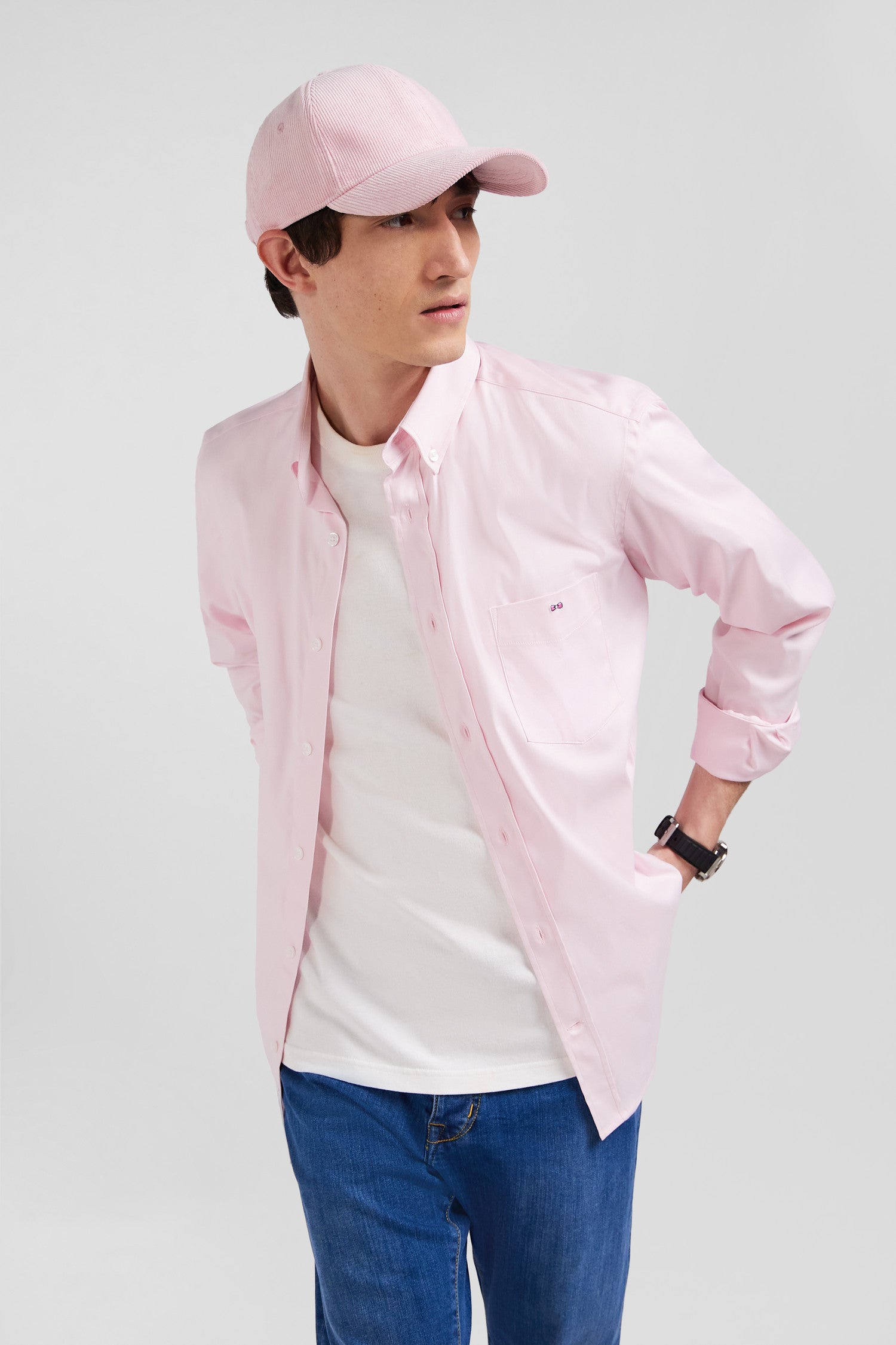 Chemise unie rose en coton stretch mélangé coupe Regular