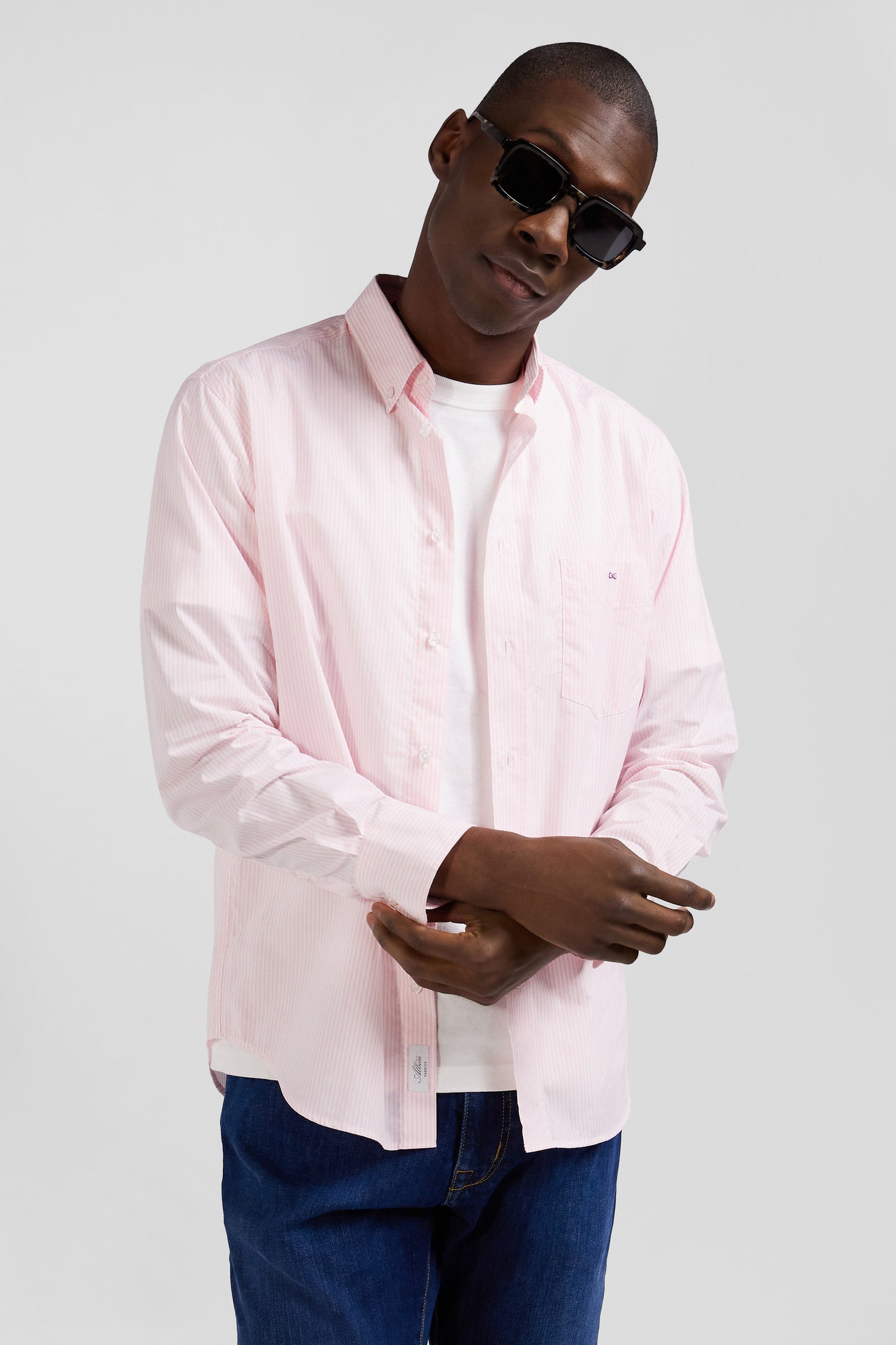 Regular pink striped cotton jacquard shirt