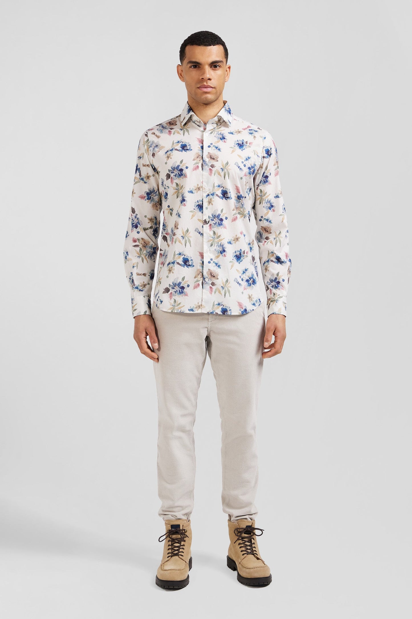 Chemise en coton à imprimé floral beige coupe Slim - Image 1