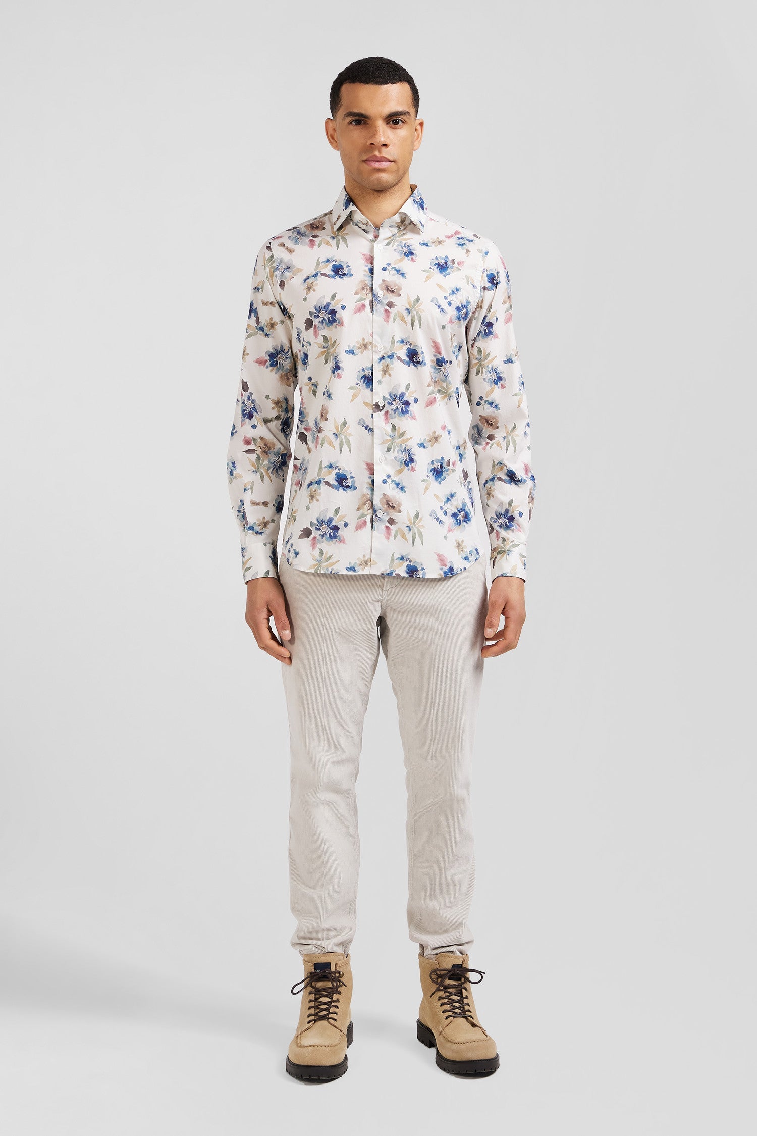 Chemise en coton à imprimé floral beige coupe Slim