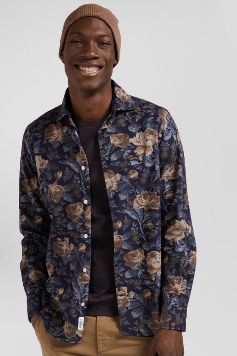 Slim navy blue floral print cotton flannel shirt - Image 3