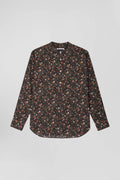 Regular collarless black floral microprinted cotton poplin shirt