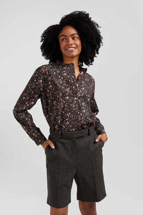 Regular collarless black floral microprinted cotton poplin shirt - Image 3