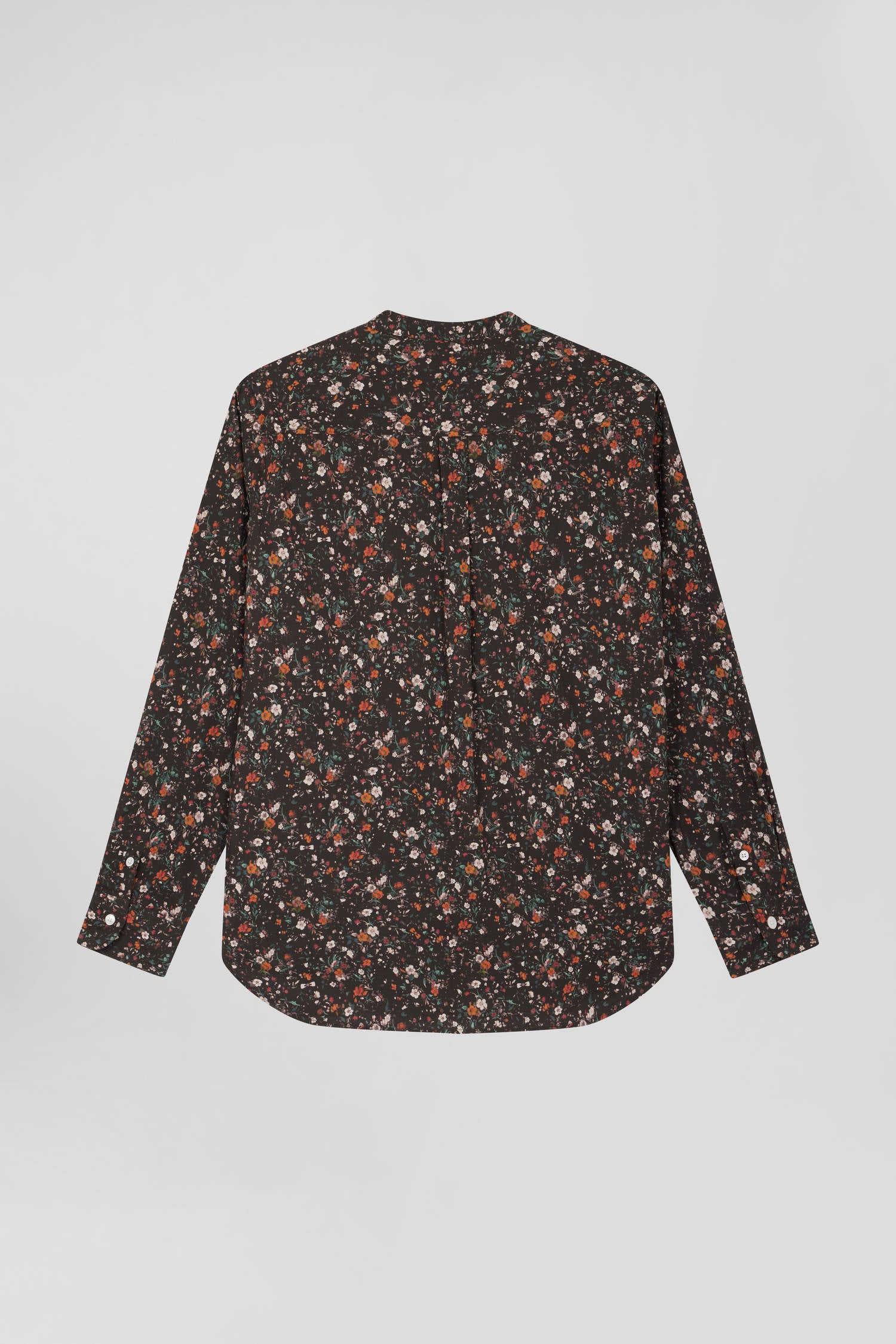 Regular collarless black floral microprinted cotton poplin shirt