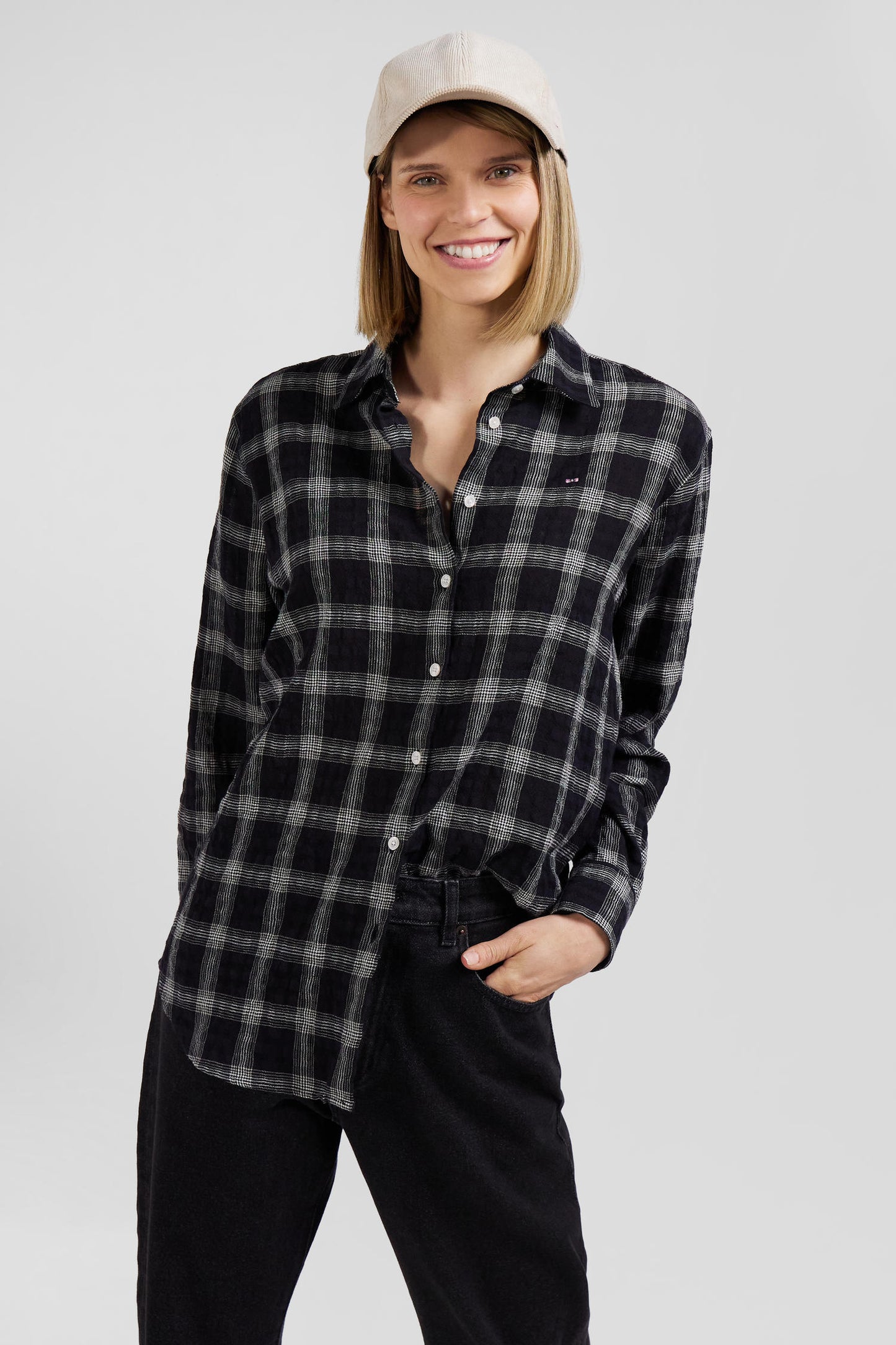 Relax black checked wool and cotton shirt