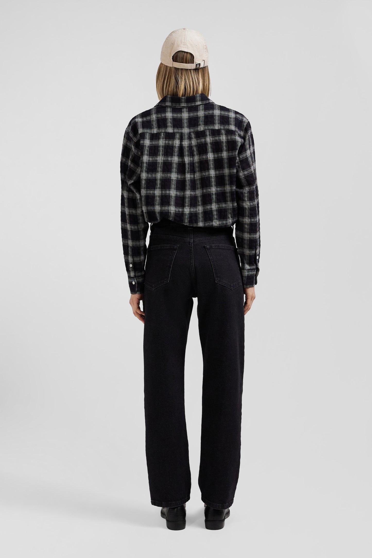 Relax black checked wool and cotton shirt