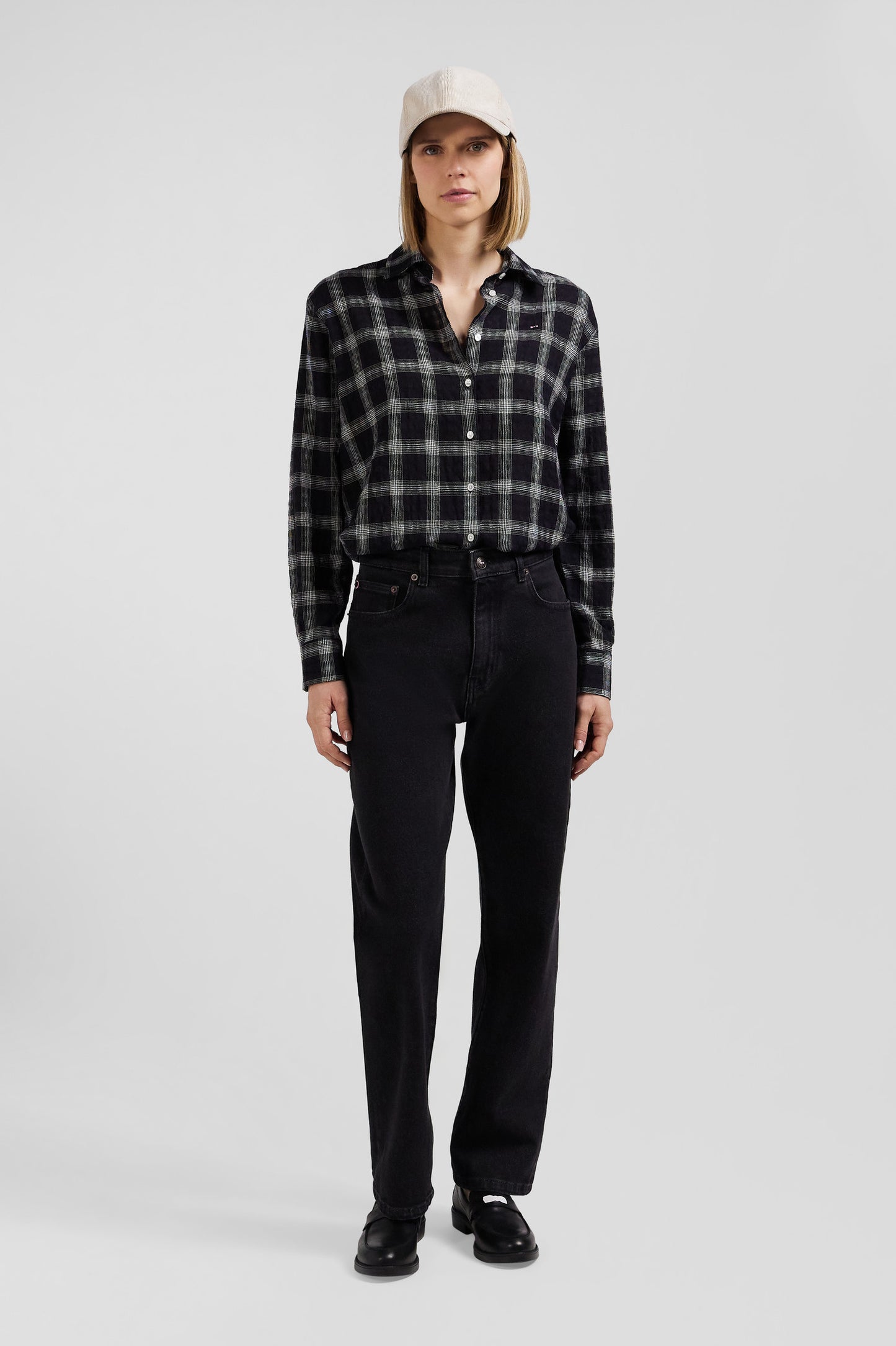 Relax black checked wool and cotton shirt