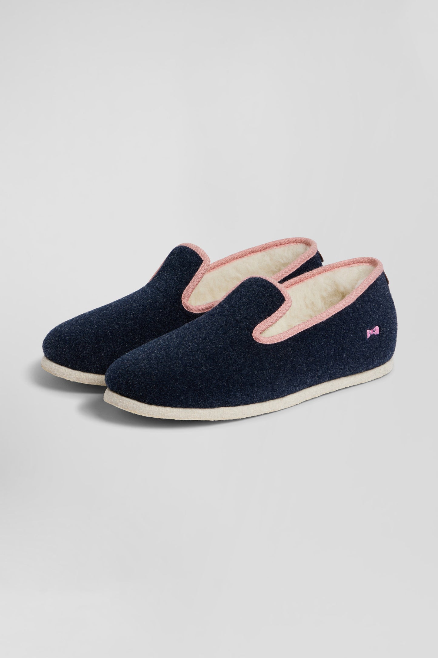 Navy blue felt and shearling slippers