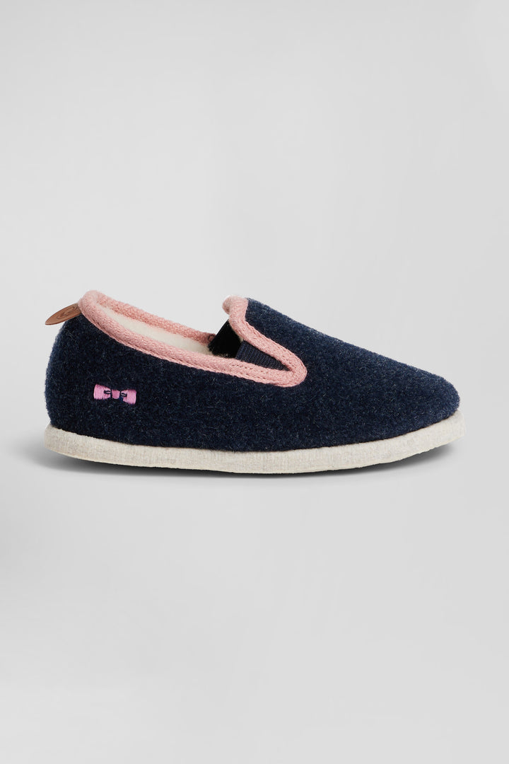 Kids navy blue felt and shearling slippers