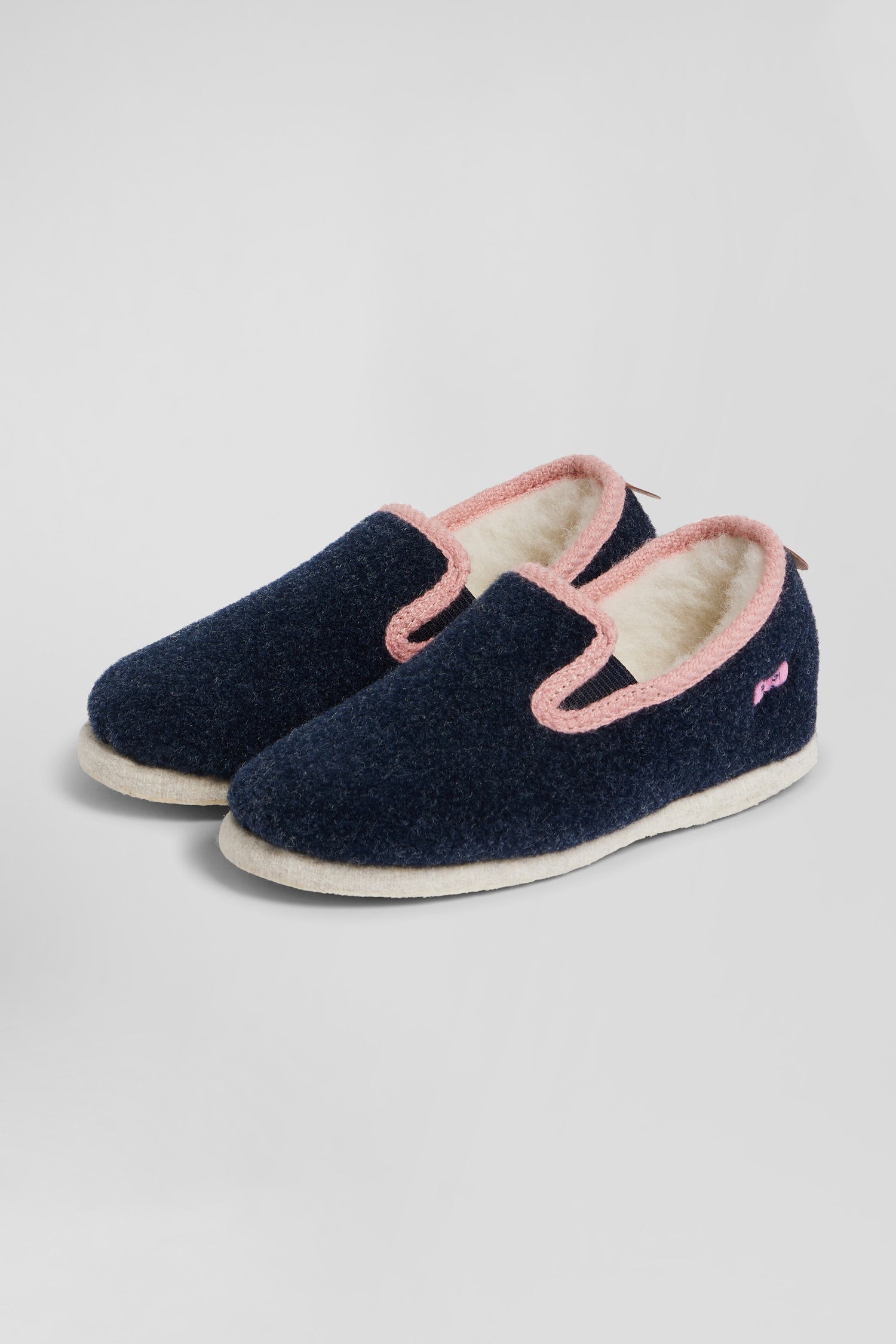 Kids navy blue felt and shearling slippers