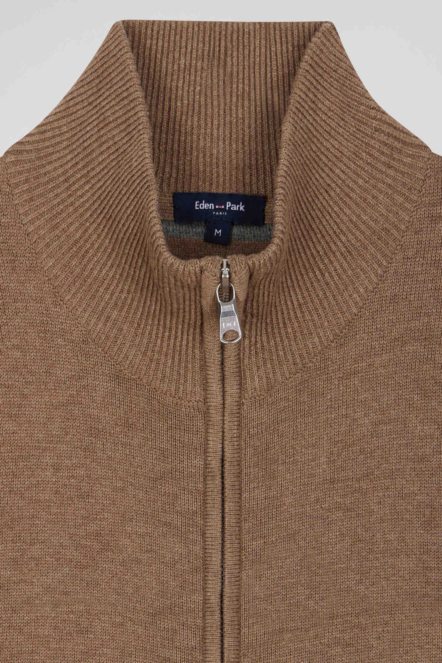 Cardigan zippé en laine et coton uni camel - Image 8