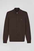 Regular brown plain wool and cotton zipped cardigan