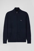 Regular navy blue plain cotton zipped cardigan with knit patterns