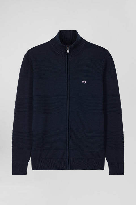 Regular navy blue plain cotton zipped cardigan with knit patterns - Image 2