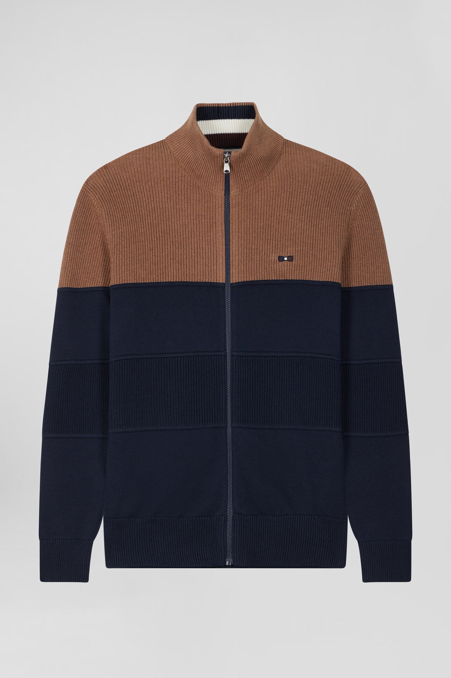 Navy and hazelnut cotton cardigan with zip and stand-up collar