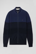 Regular navy blue and blue cotton high collar zipped cardigan