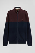 Regular navy blue and burgundy cotton high collar zipped cardigan