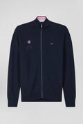 Regular navy blue cotton zipped cardigan with XV de France rubber badge and tricolour details