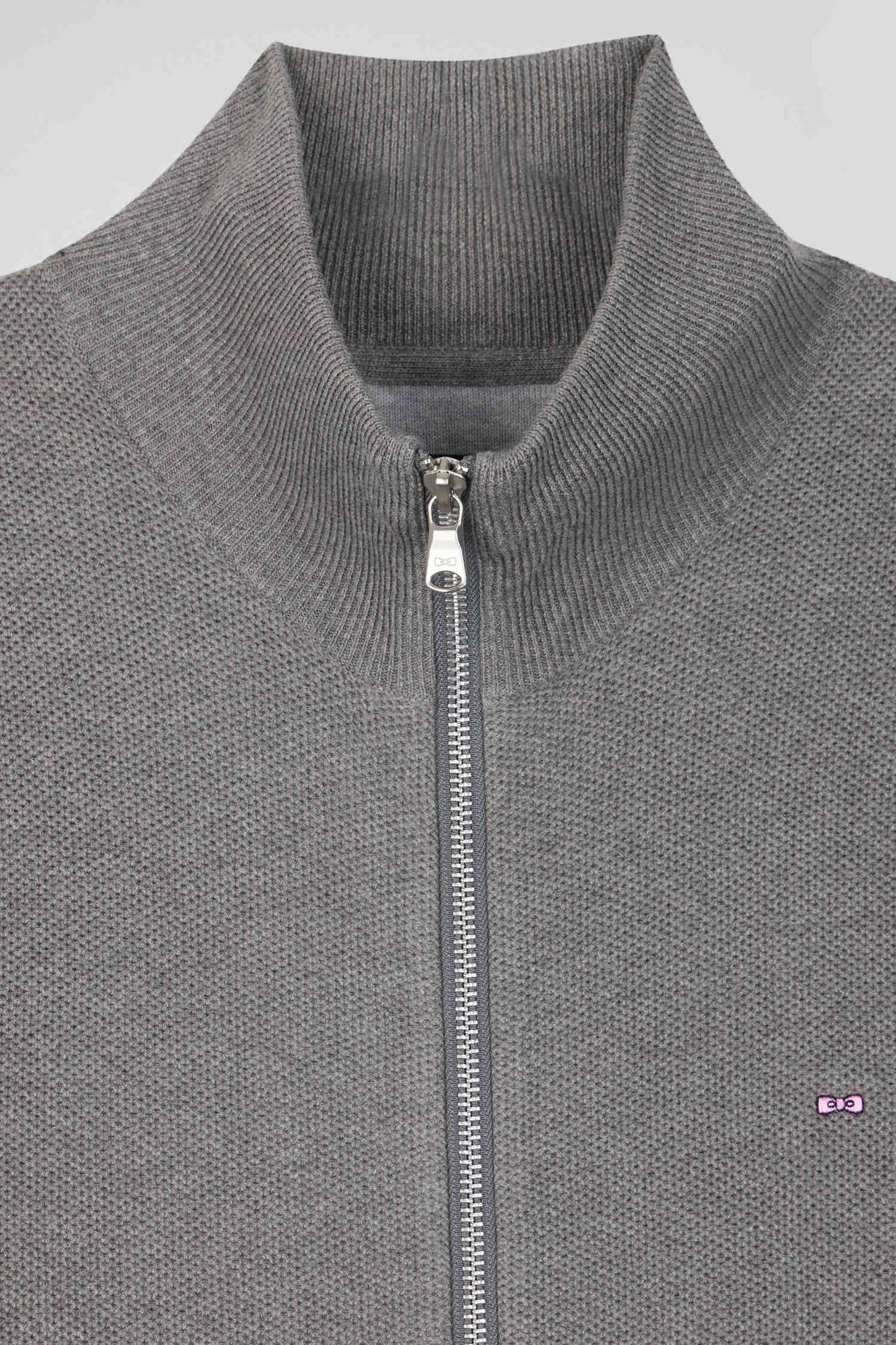 Cardigan zippé à col montant uni gris chiné en coton - Image 8