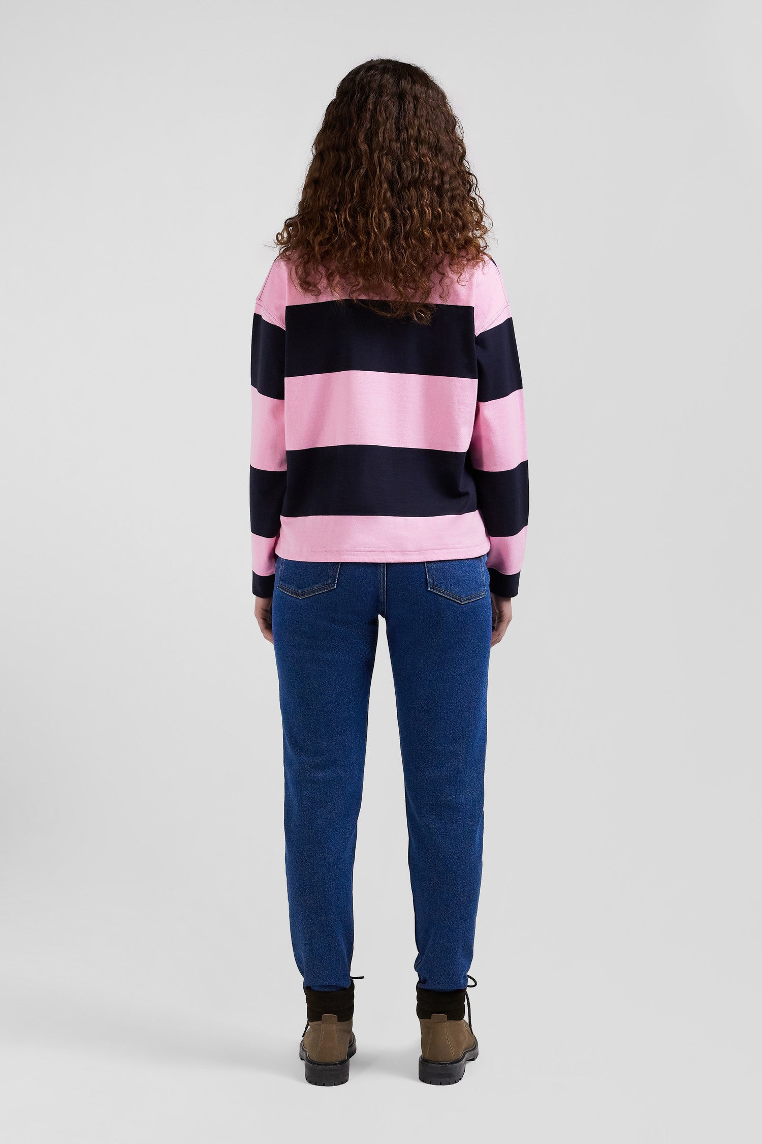 Relaxed navy and pink striped long-sleeved cotton rugby shirt