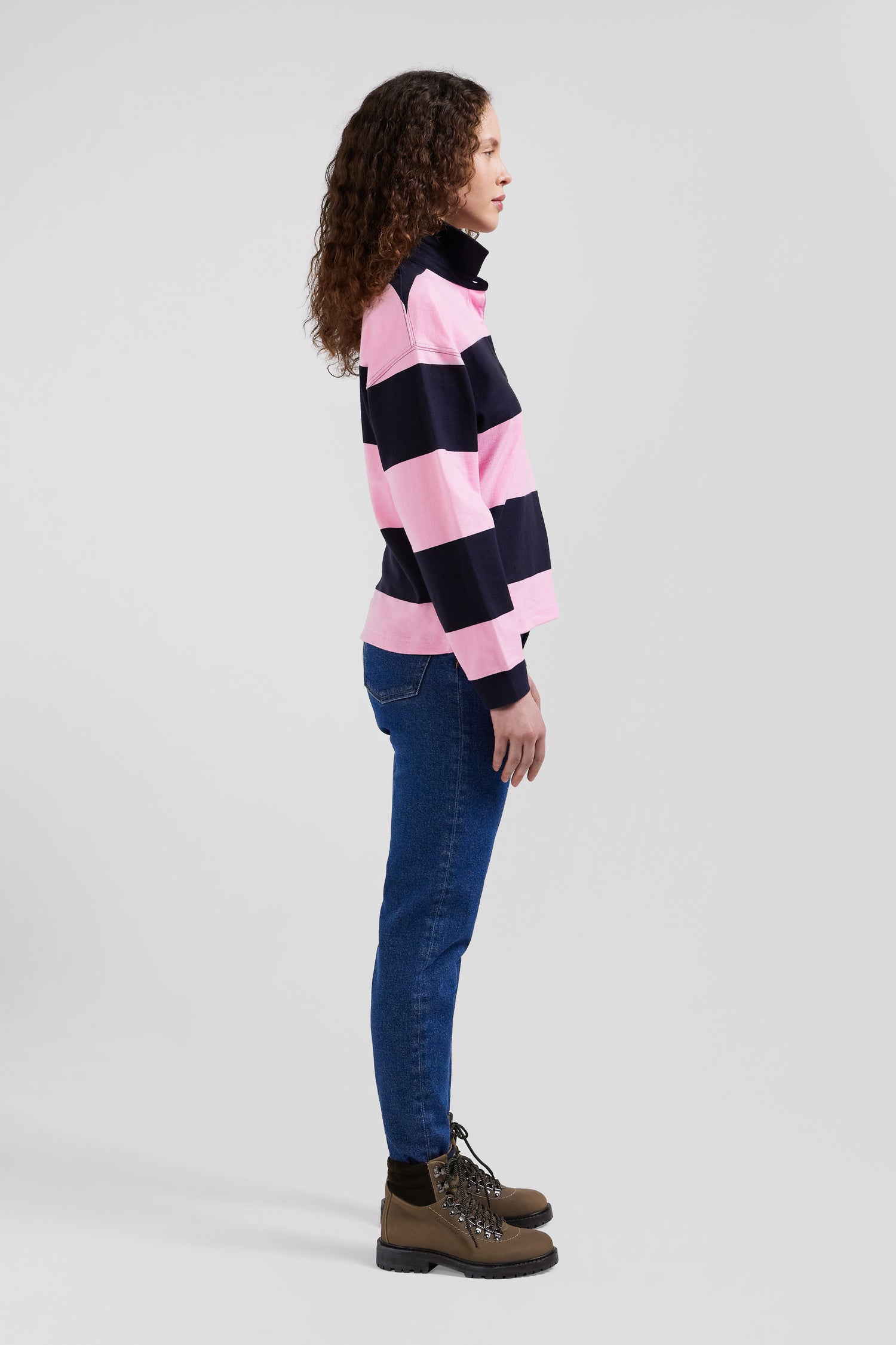 Relaxed navy and pink striped long-sleeved cotton rugby shirt